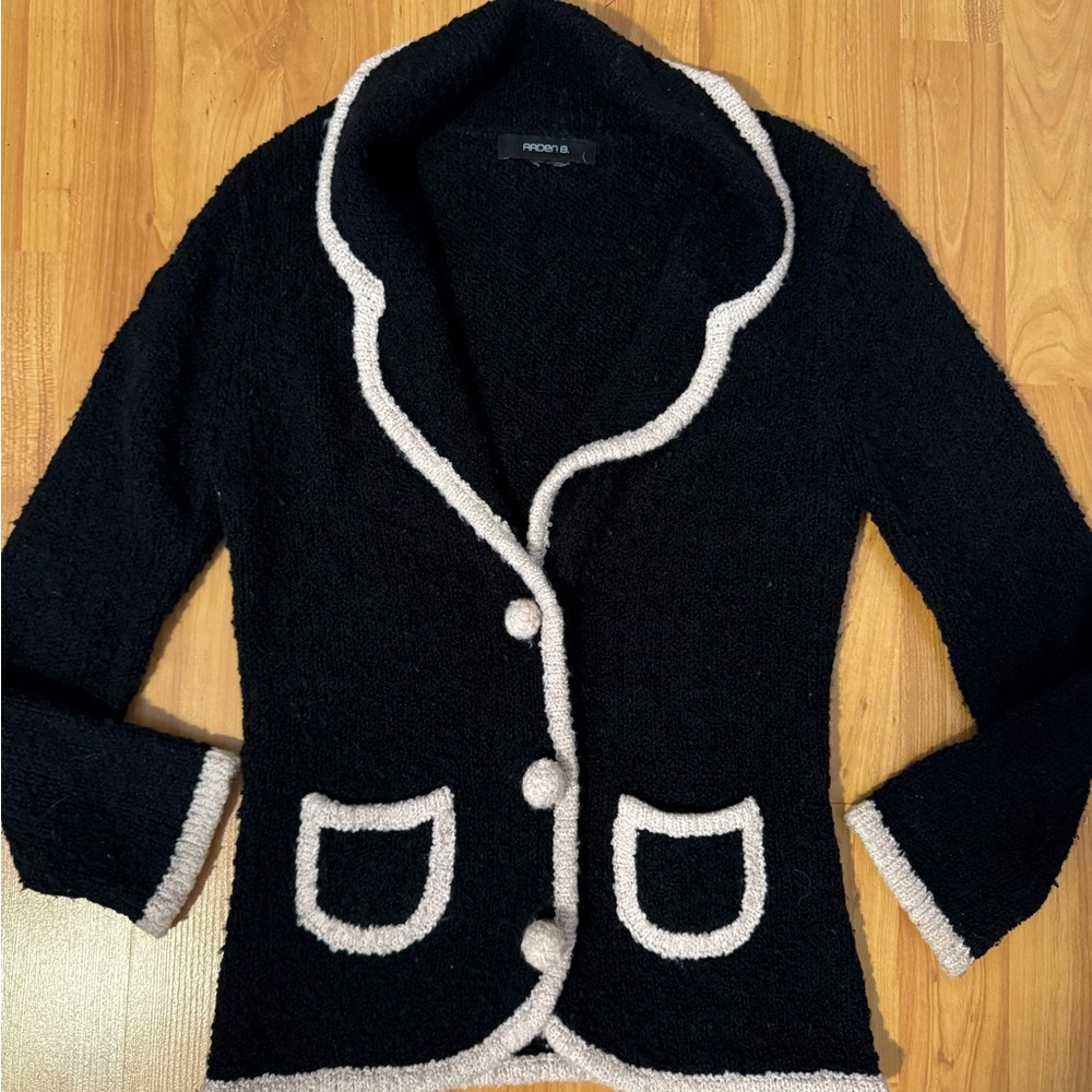 Arden B Black and White Bouclé Trimmed Cardigan Sweater